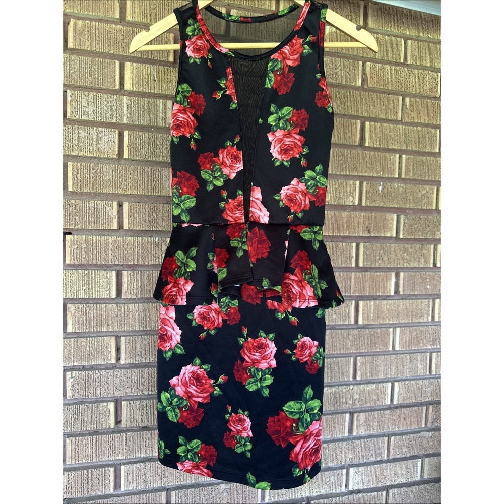 Girl's Dress 14/16 Sleveless Bodycon Peplum Floral Roses Mesh Layered Roses L/XL